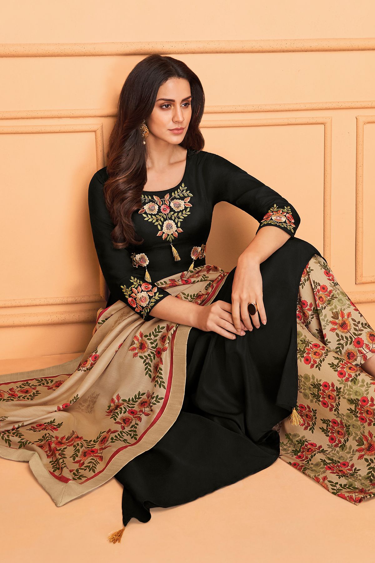 Black Maslin Designer Palazzo Suit