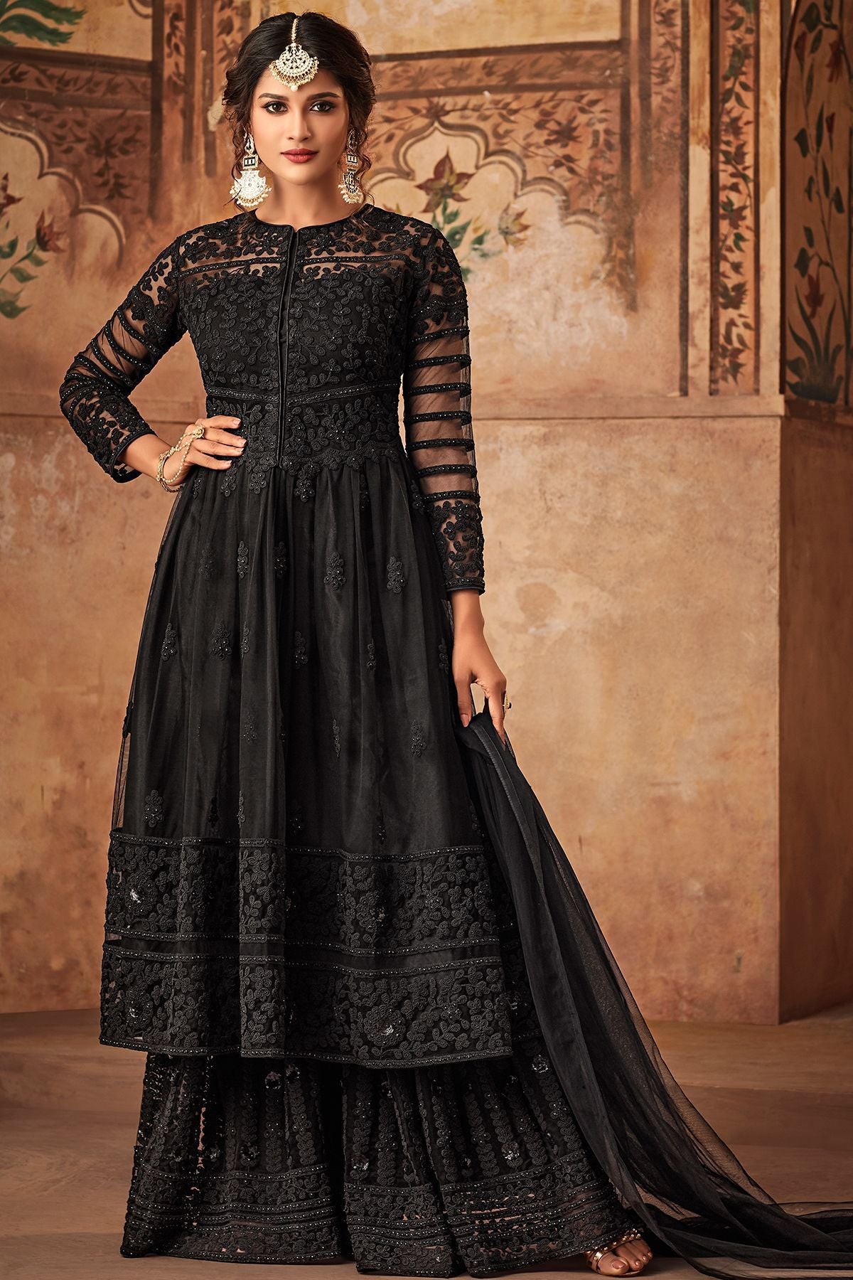 Black Net Embroidered palazzo Suit