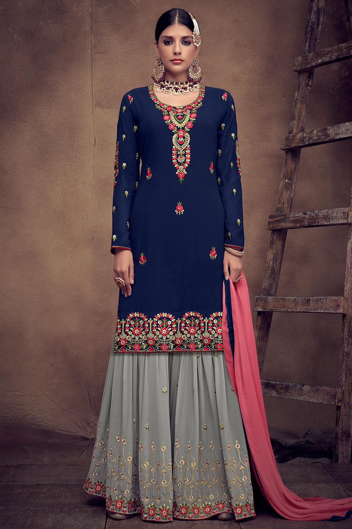 Blue And Grey Designer Palazzo Suit