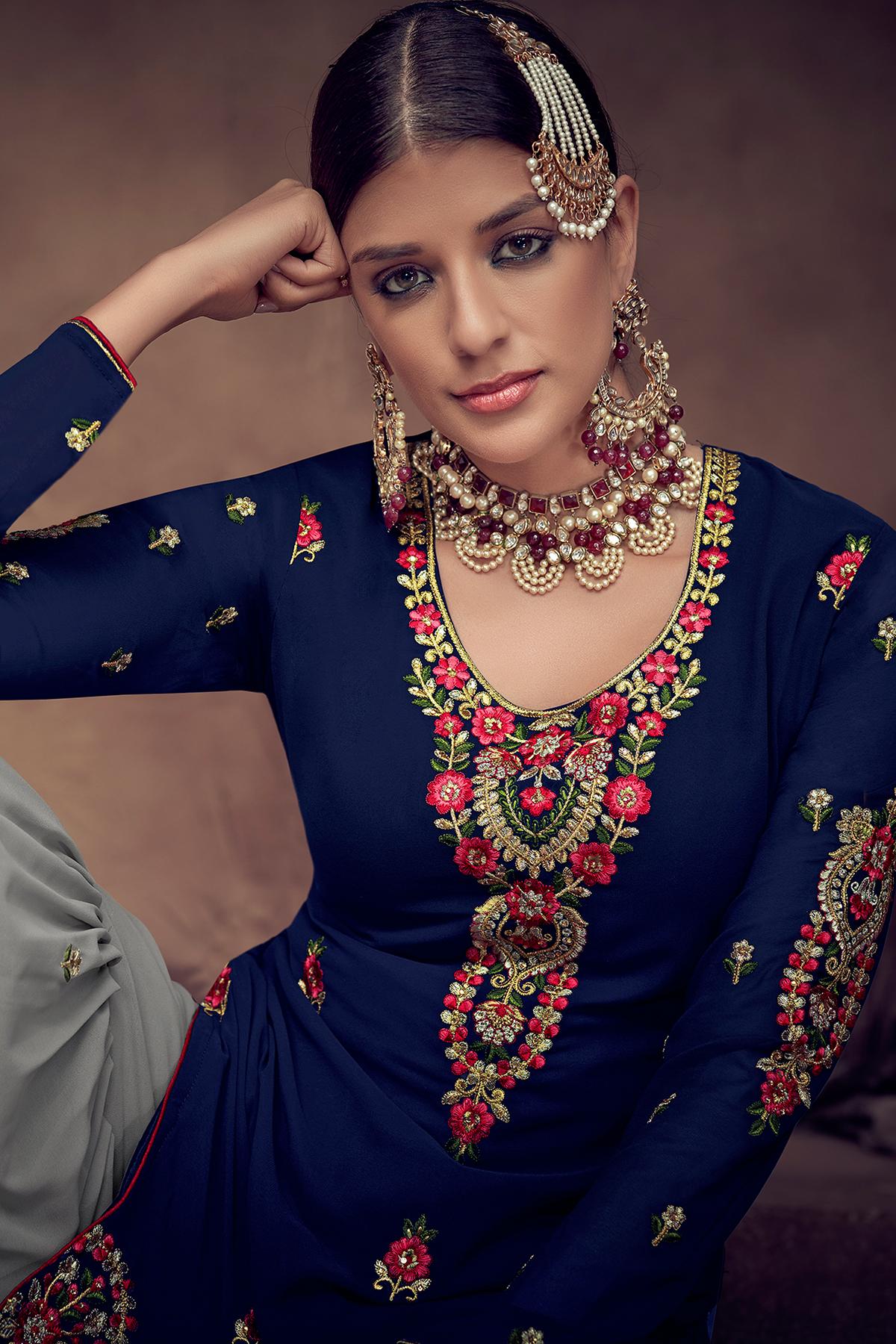 Blue And Grey Designer Palazzo Suit