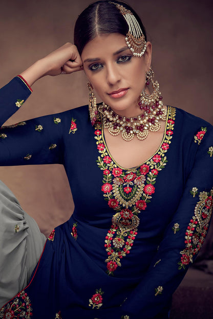 Blue And Grey Designer Palazzo Suit