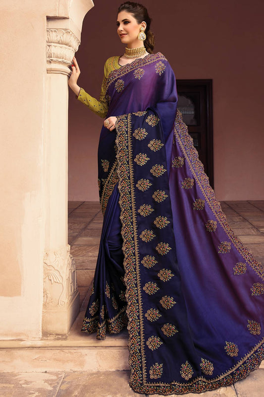 Blue and Olive Green Designer Silk Sari