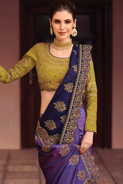 Blue and Olive Green Designer Silk Sari