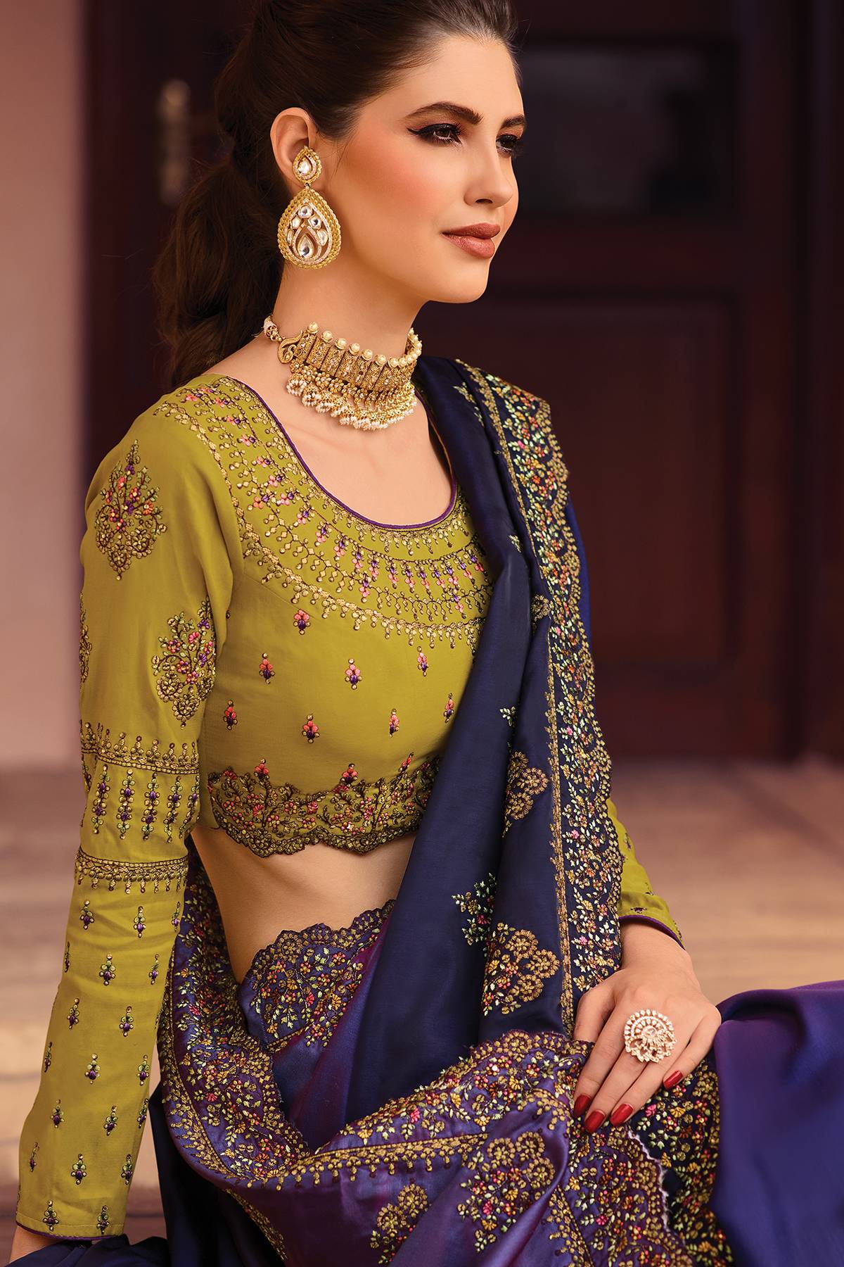 Blue and Olive Green Designer Silk Sari