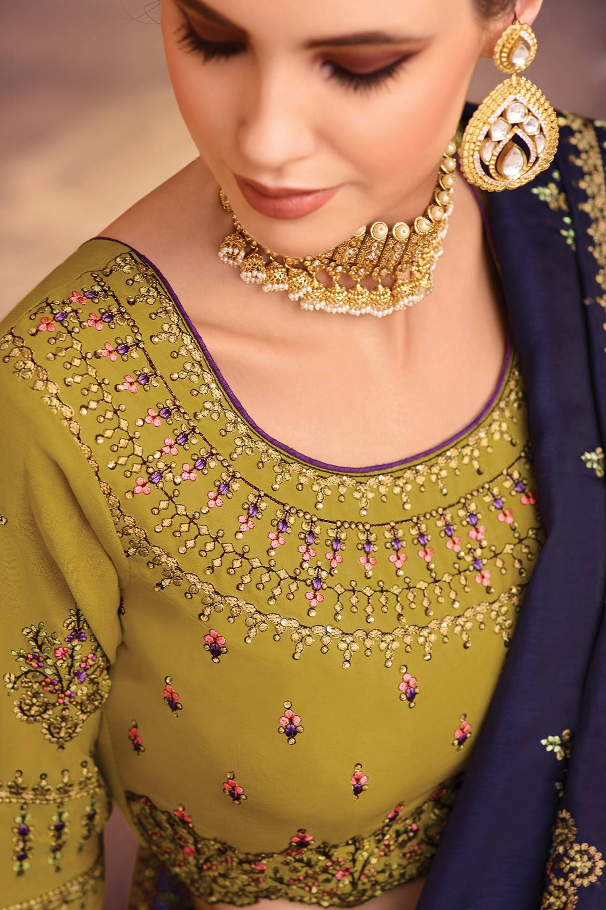 Blue and Olive Green Designer Silk Sari