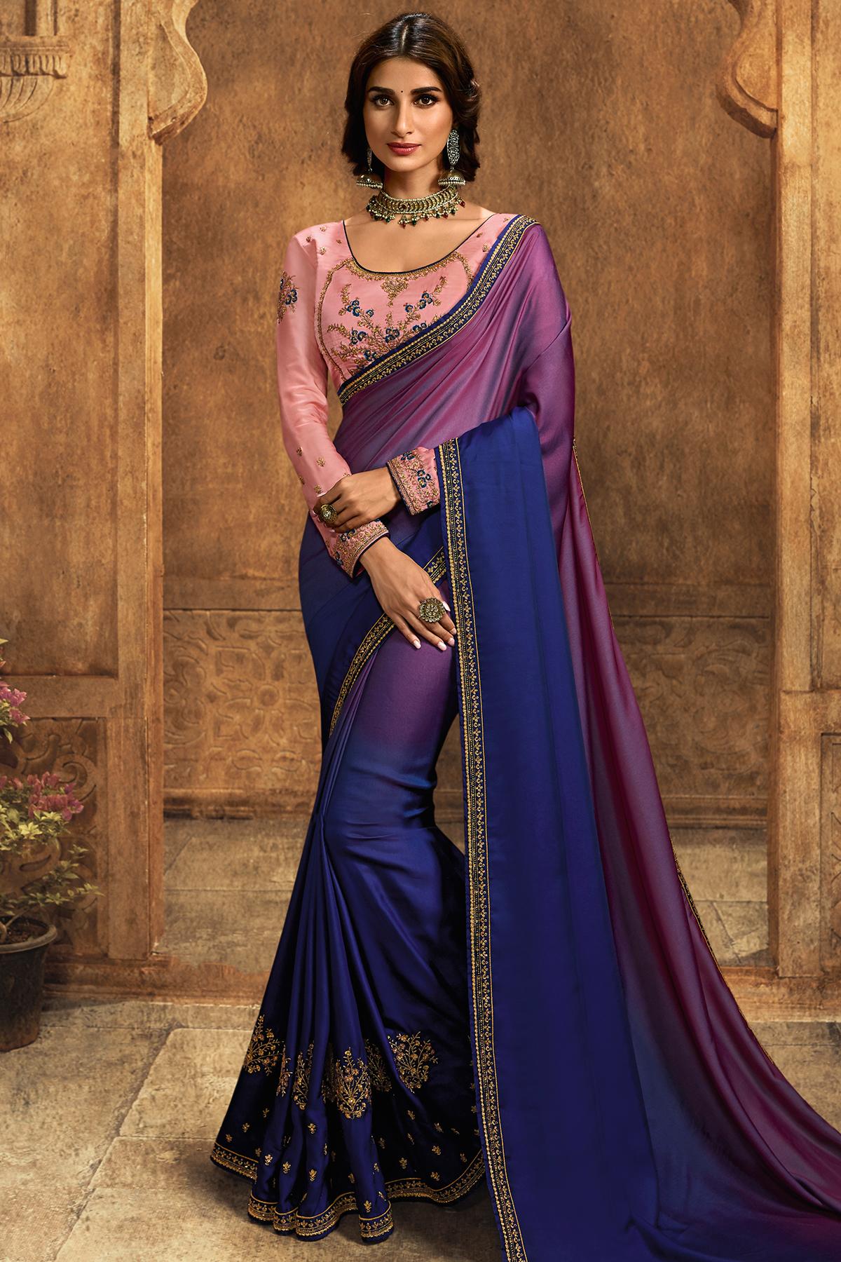 Blue And Pink Designer Silk Sari