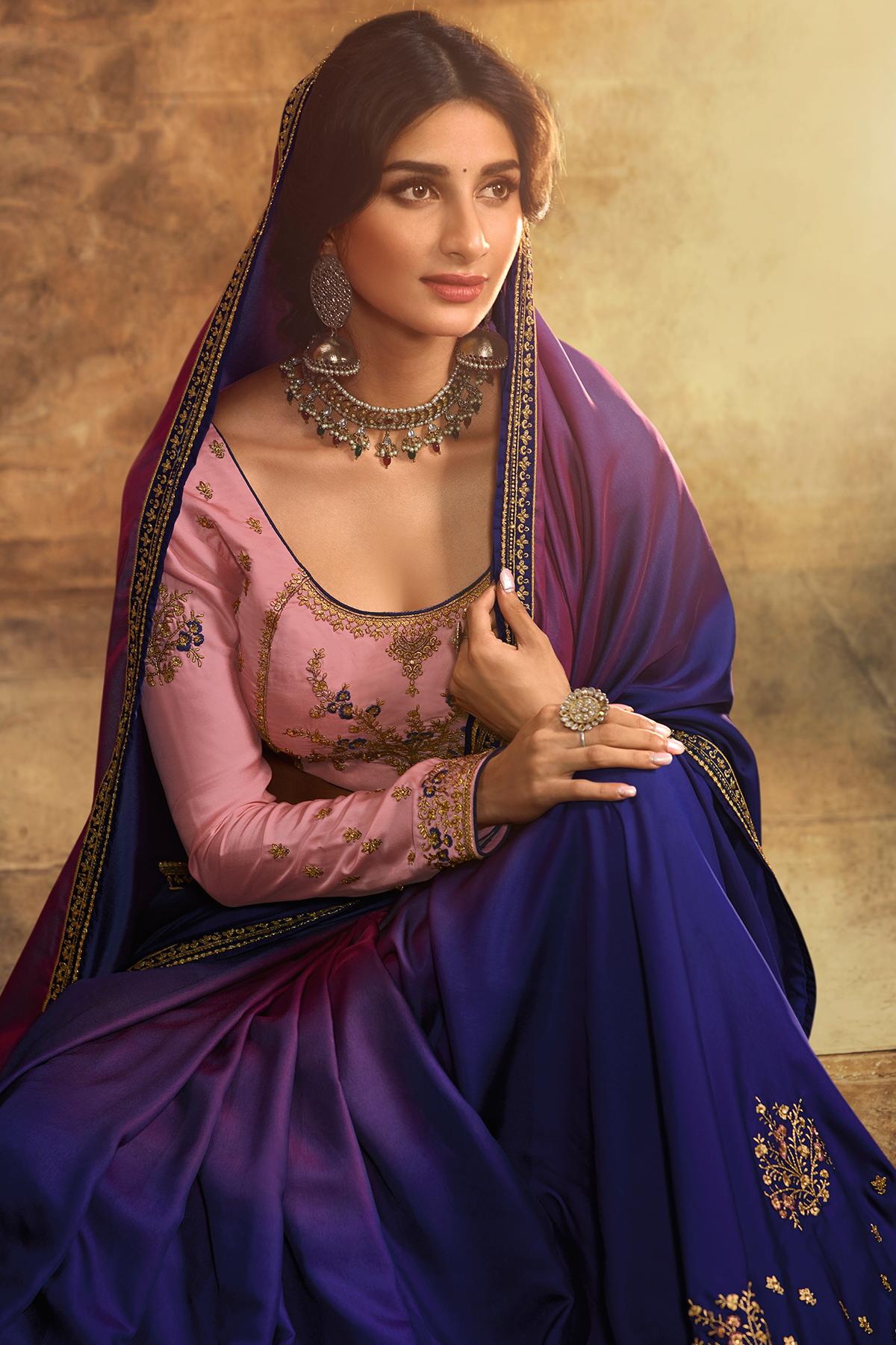 Blue And Pink Designer Silk Sari