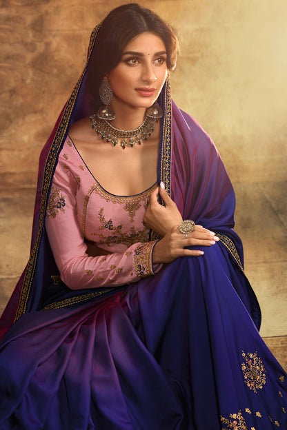 Blue And Pink Designer Silk Sari