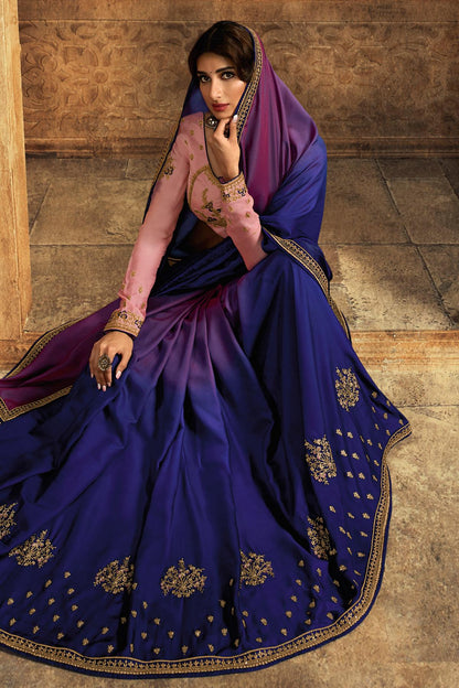 Blue And Pink Designer Silk Sari