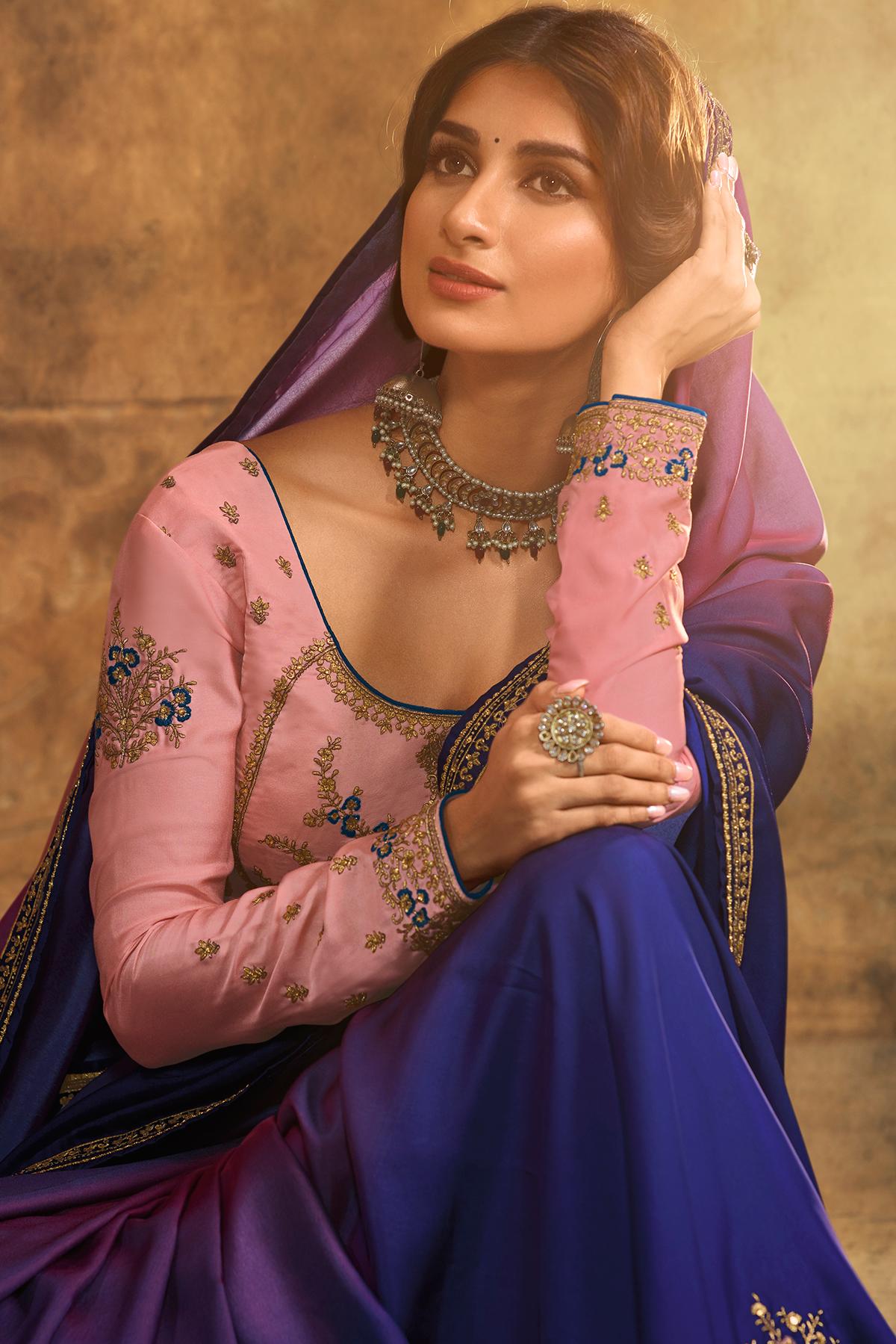 Blue And Pink Designer Silk Sari
