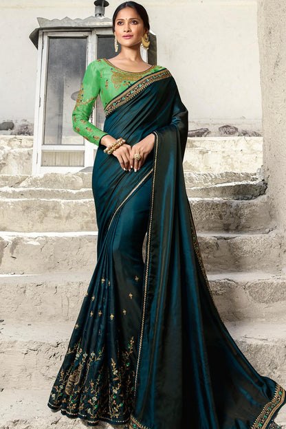Blue And Pista Green Designer Silk Sari
