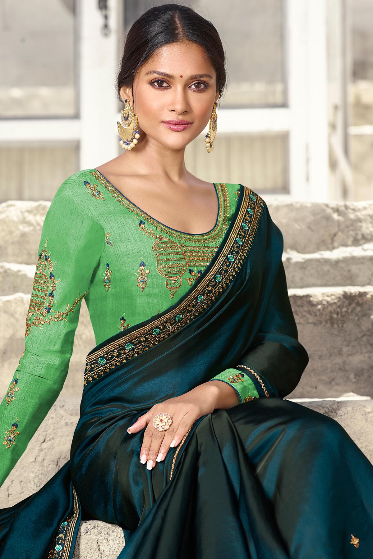 Blue And Pista Green Designer Silk Sari