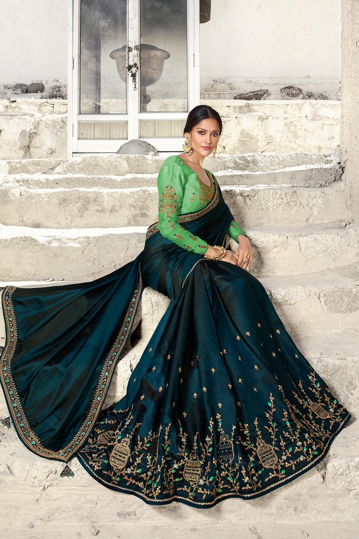 Blue And Pista Green Designer Silk Sari
