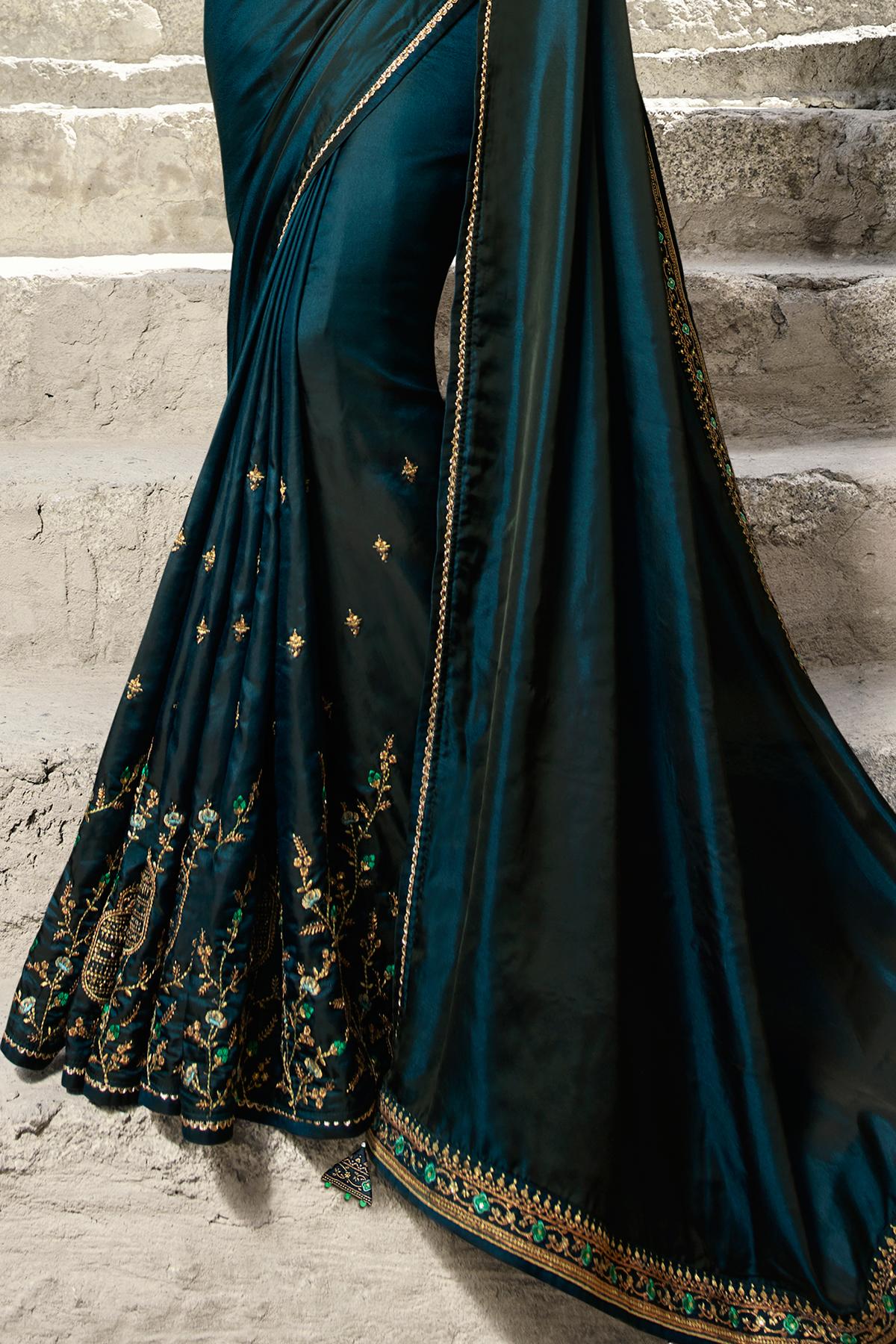 Blue And Pista Green Designer Silk Sari