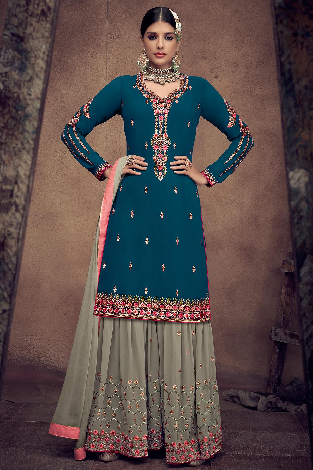 Blue And Sage Green Designer Palazzo Suit