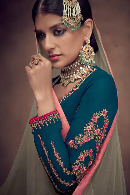 Blue And Sage Green Designer Palazzo Suit