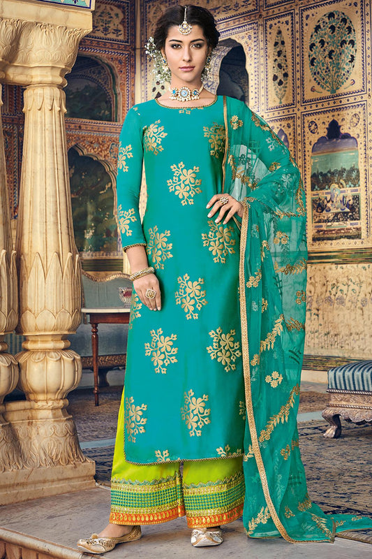 Blue Designer Chanderi Silk Palazzo Suit