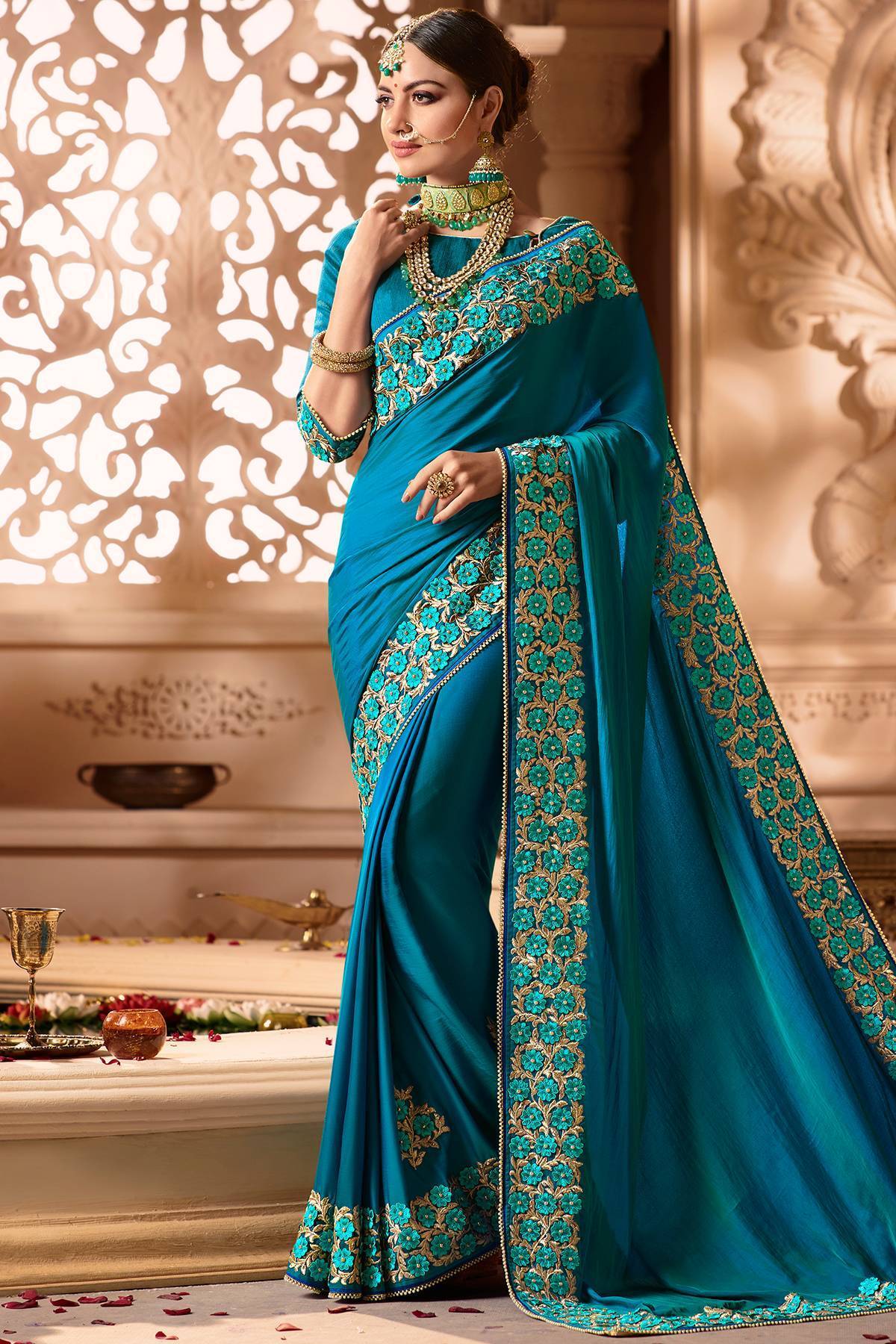 Blue Designer Embroidered Bridal Silk Sari