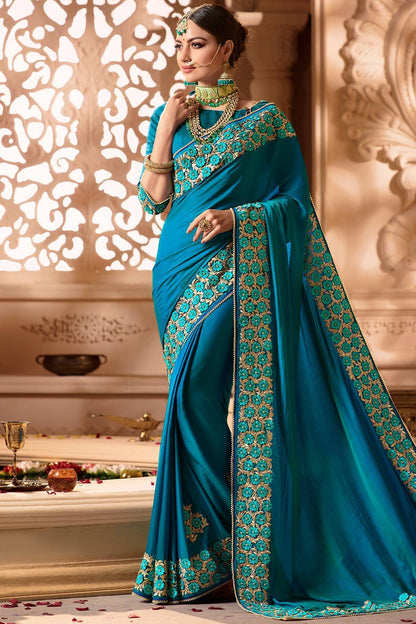 Blue Designer Embroidered Bridal Silk Sari