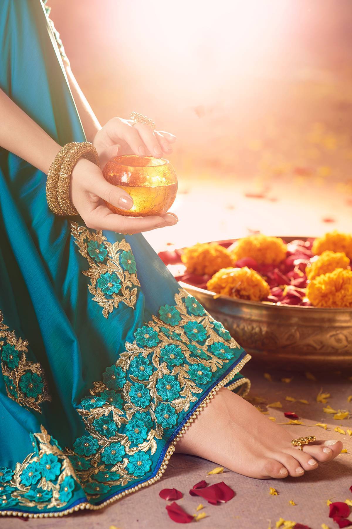 Blue Designer Embroidered Bridal Silk Sari