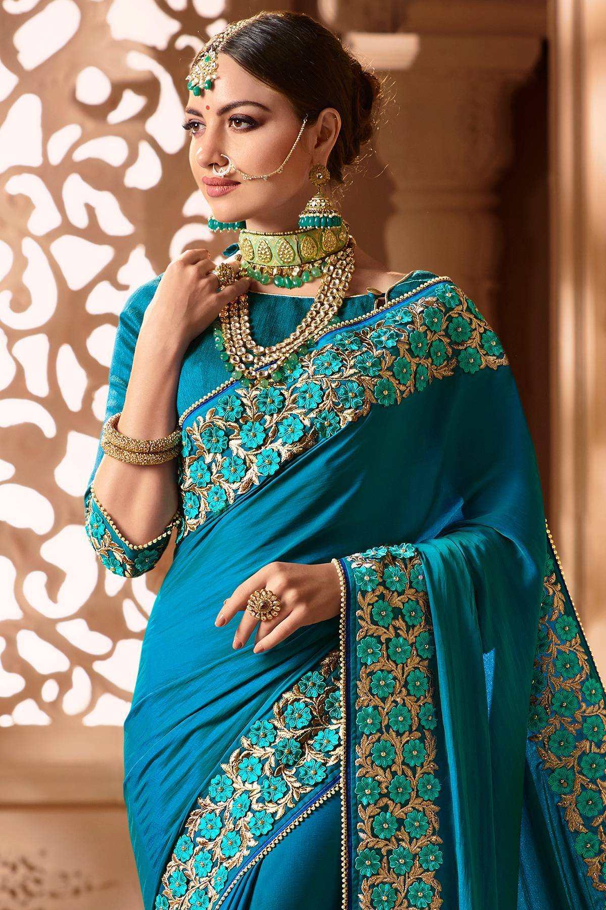Blue Designer Embroidered Bridal Silk Sari