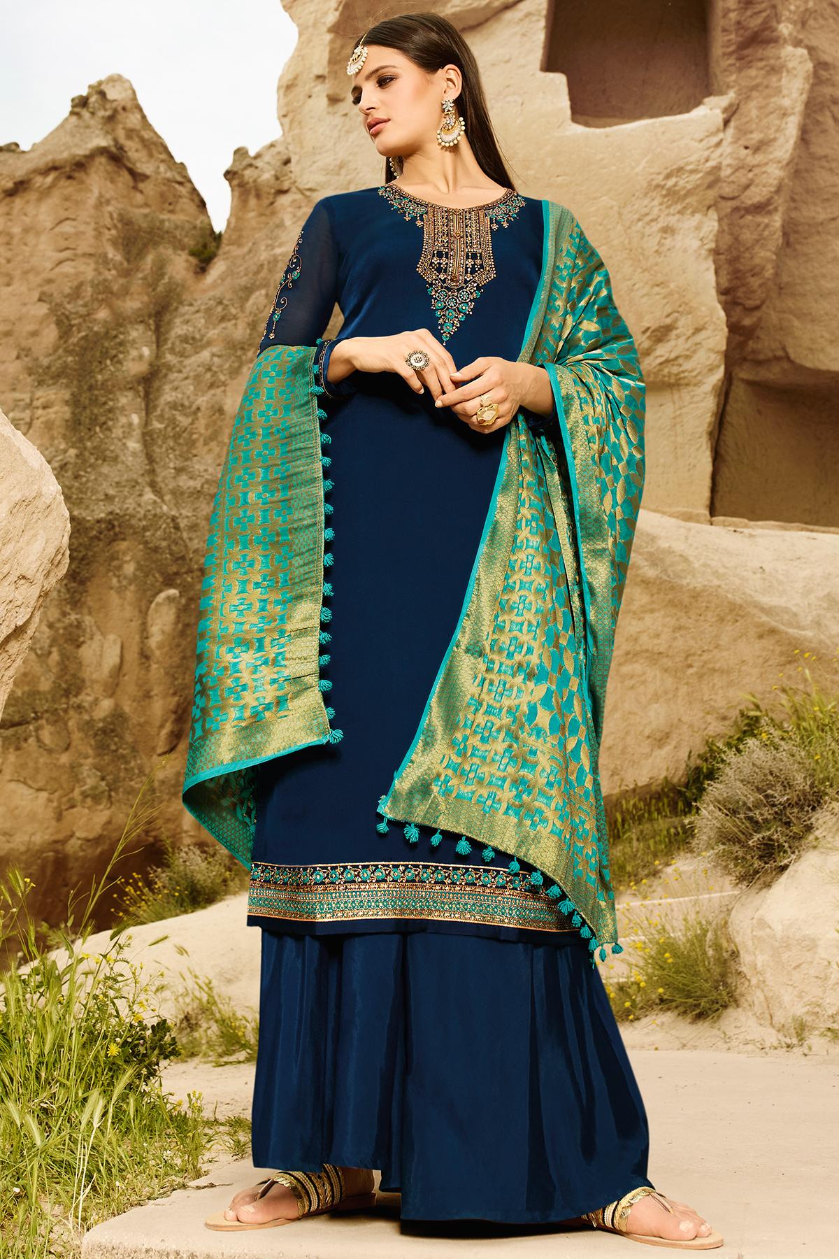 Blue Designer Georgette Palazzo Suit