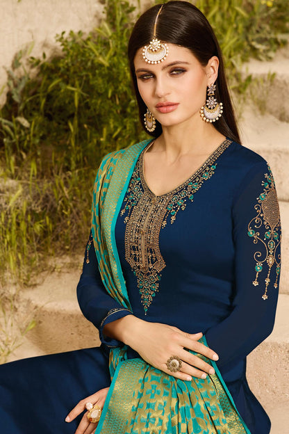 Blue Designer Georgette Palazzo Suit