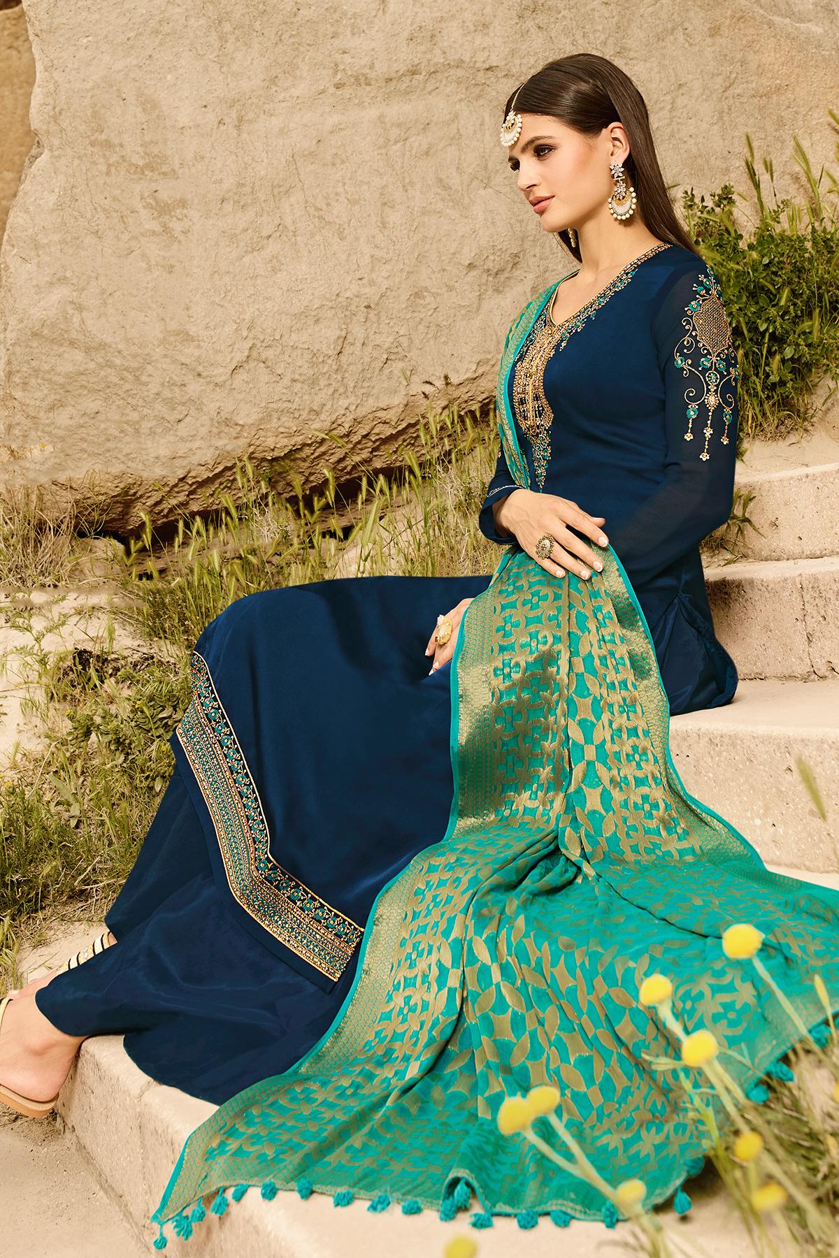 Blue Designer Georgette Palazzo Suit
