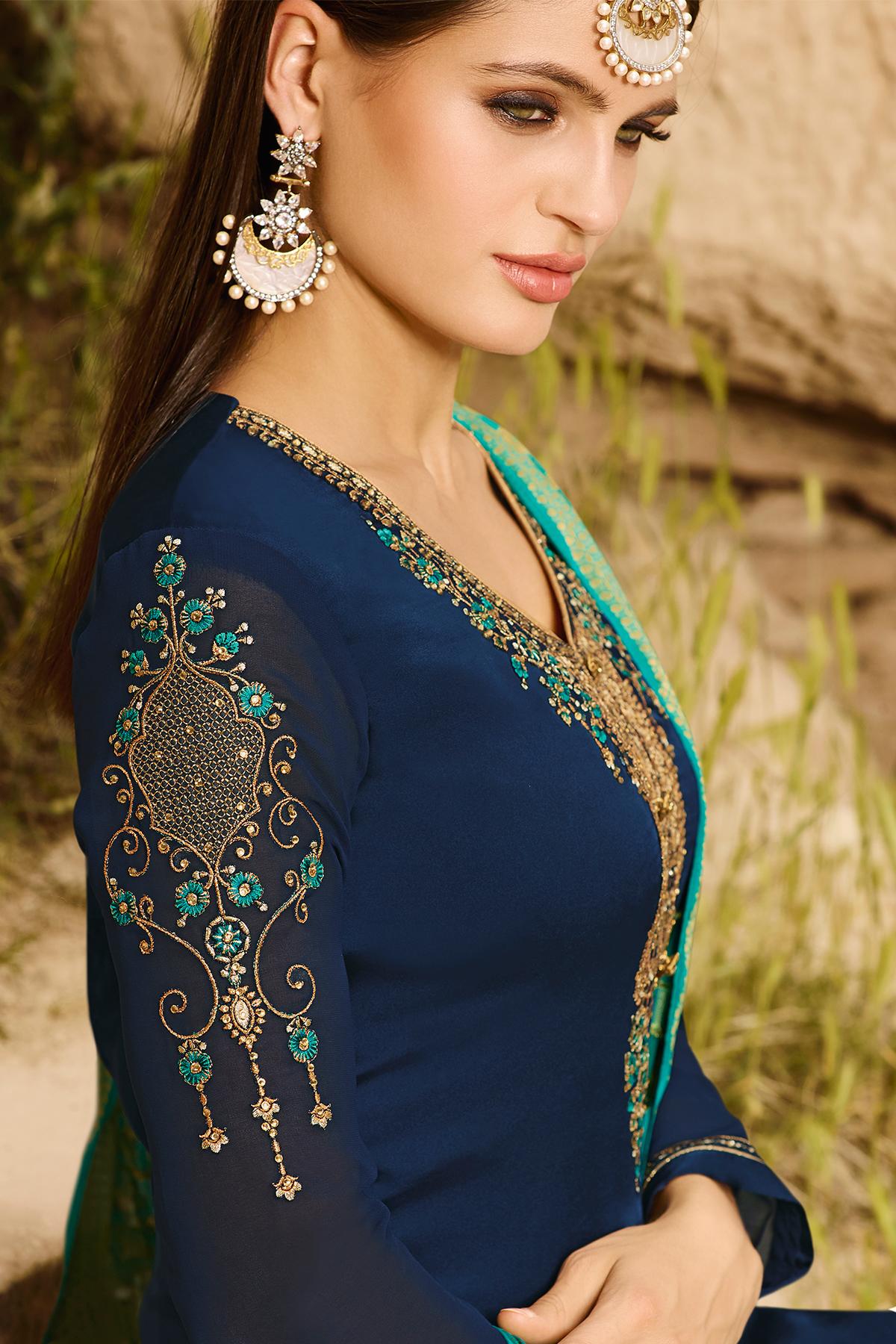 Blue Designer Georgette Palazzo Suit