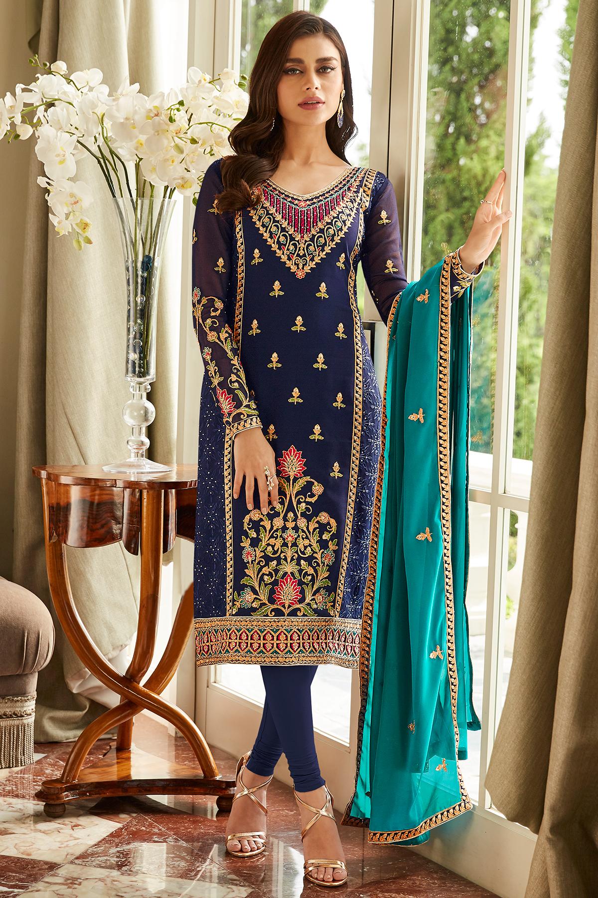 Blue Designer Georgette Straight Suit