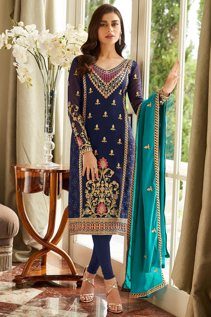 Blue Designer Georgette Straight Suit