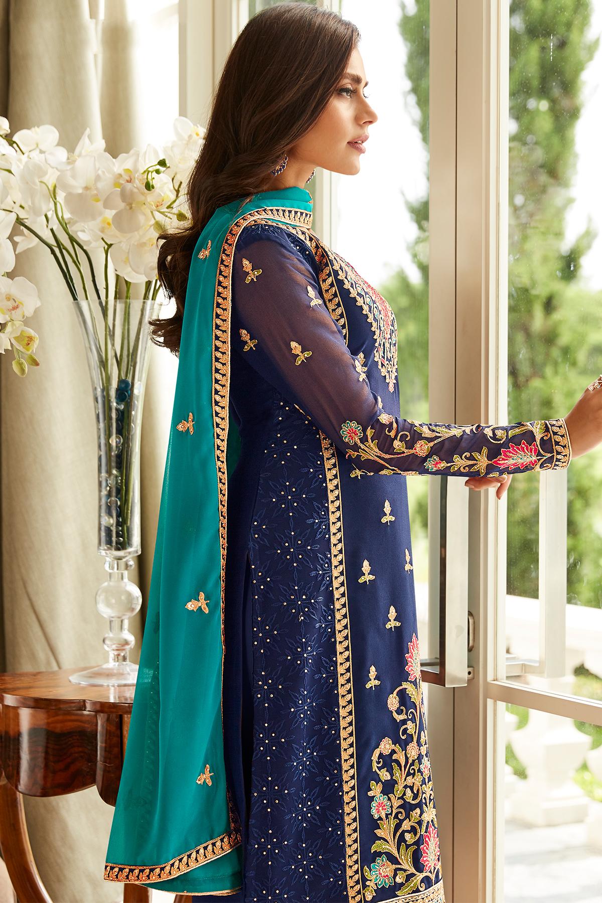 Blue Designer Georgette Straight Suit