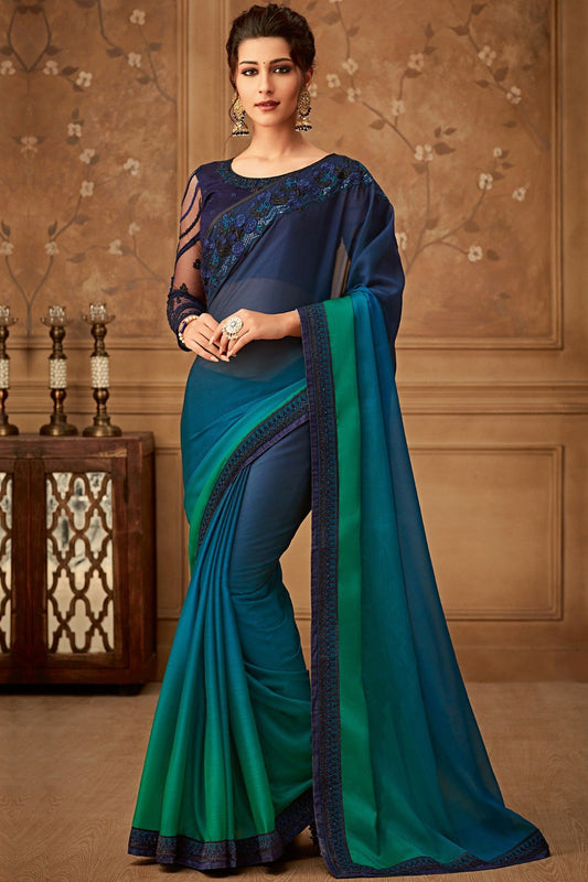 Blue Designer Party Wear Chiffon Sari