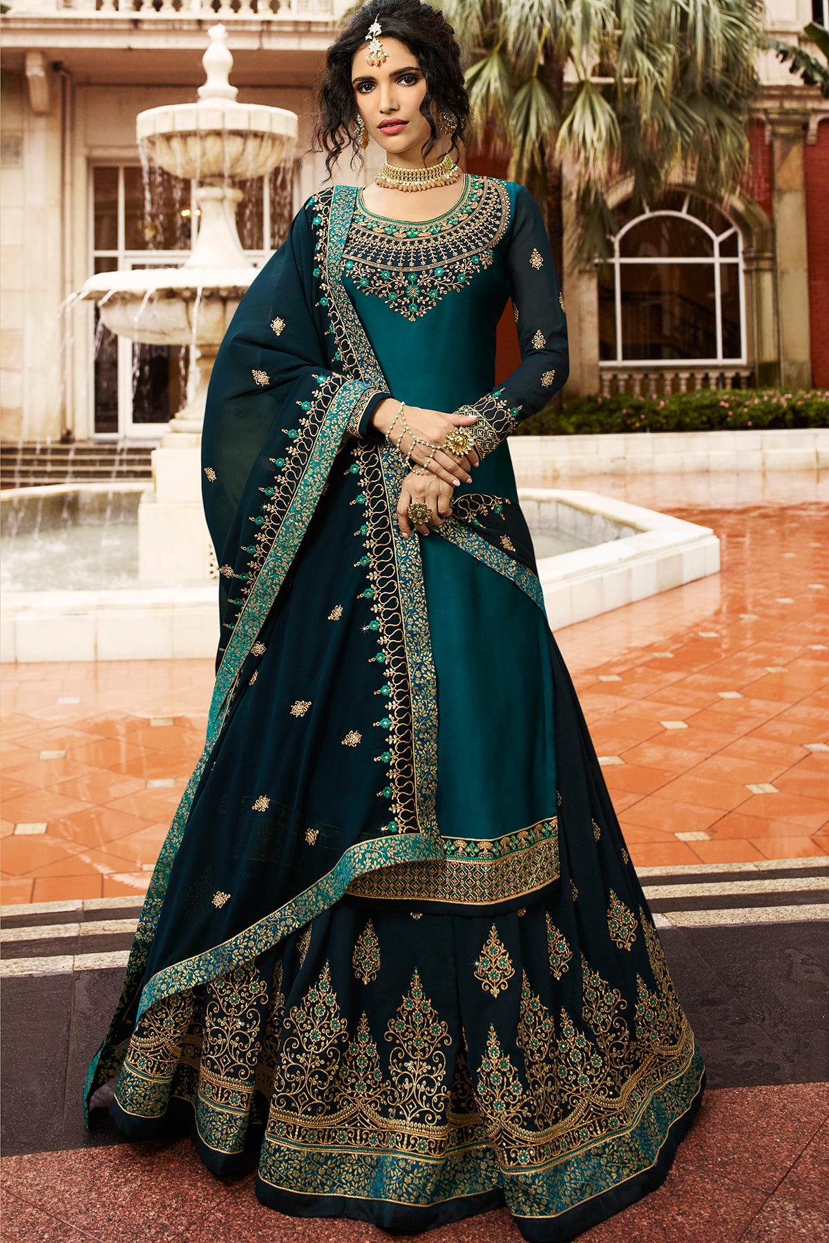 Blue Designer Satin Georgette Gharara Suit