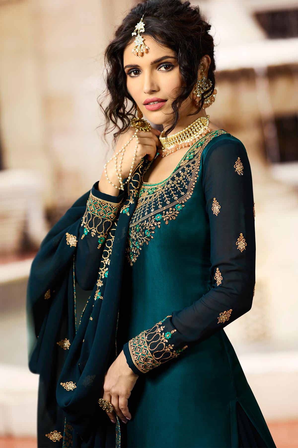 Blue Designer Satin Georgette Gharara Suit