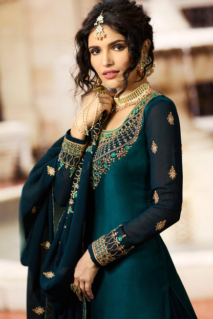 Blue Designer Satin Georgette Gharara Suit