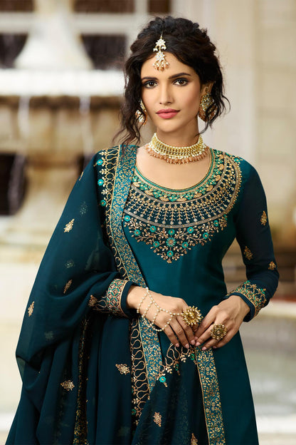 Blue Designer Satin Georgette Gharara Suit