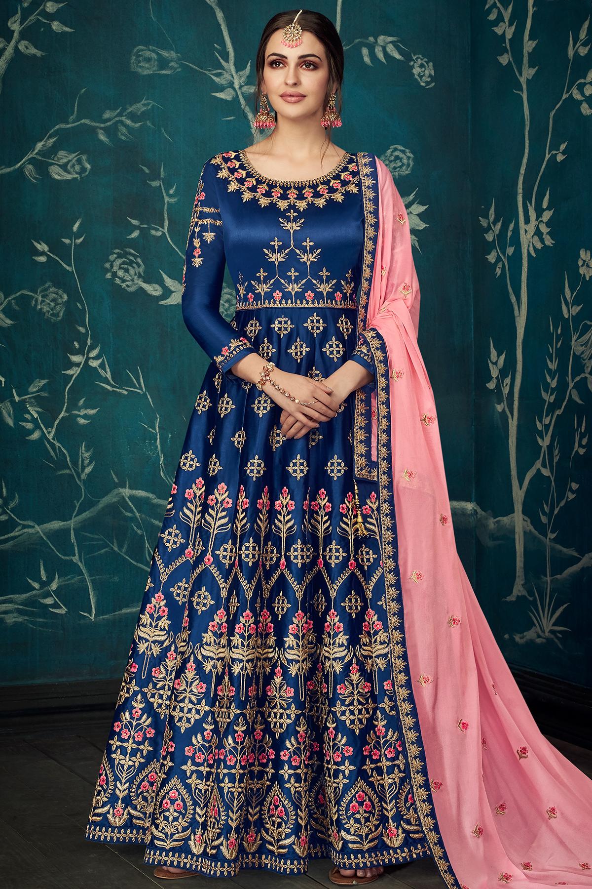 Blue Designer Satin Silk Anarkali Suit