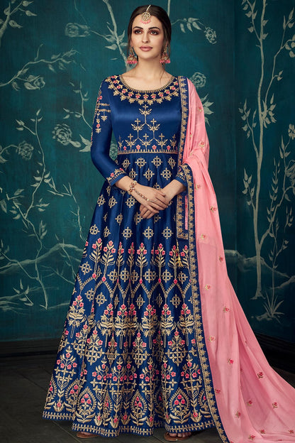 Blue Designer Satin Silk Anarkali Suit