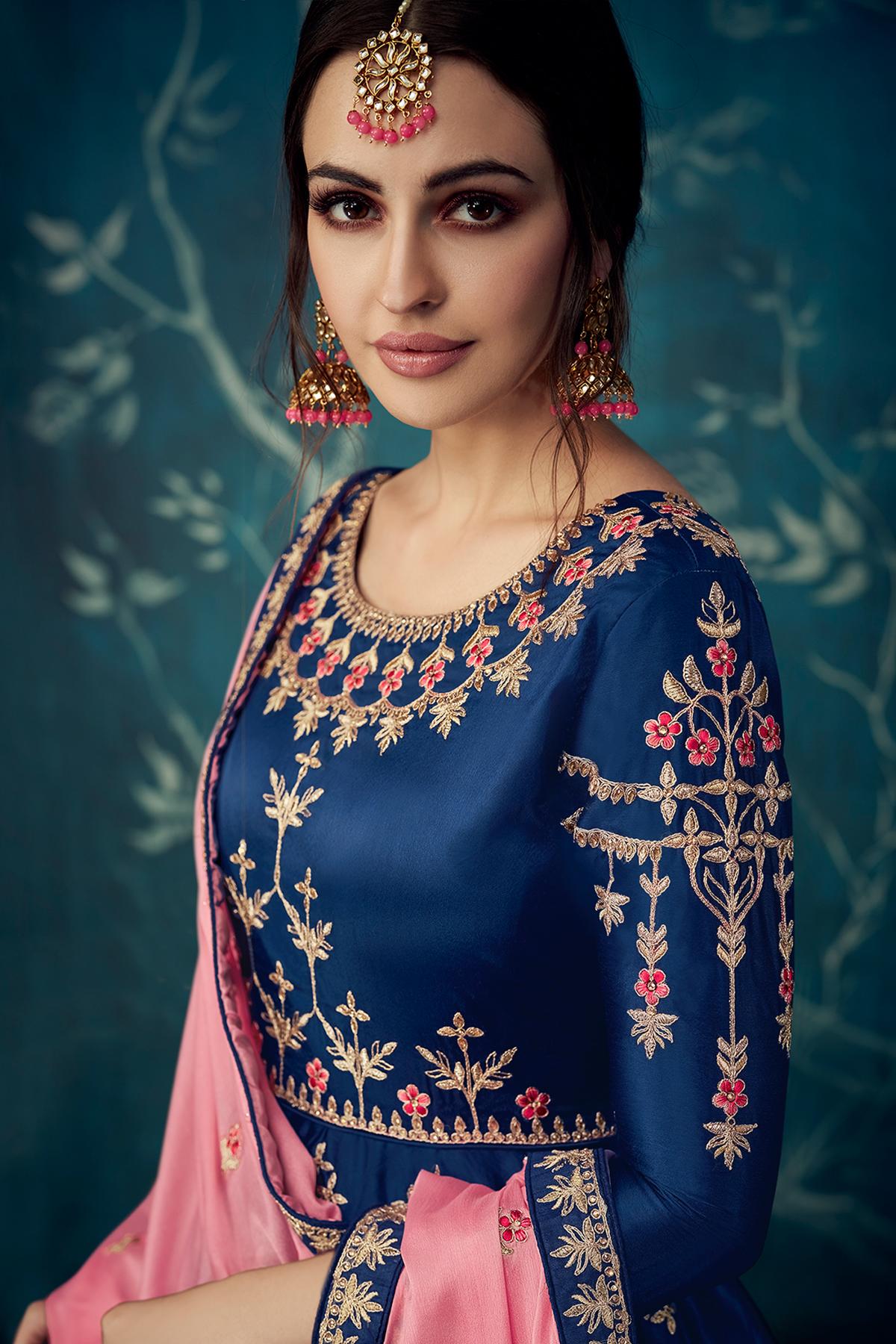 Blue Designer Satin Silk Anarkali Suit