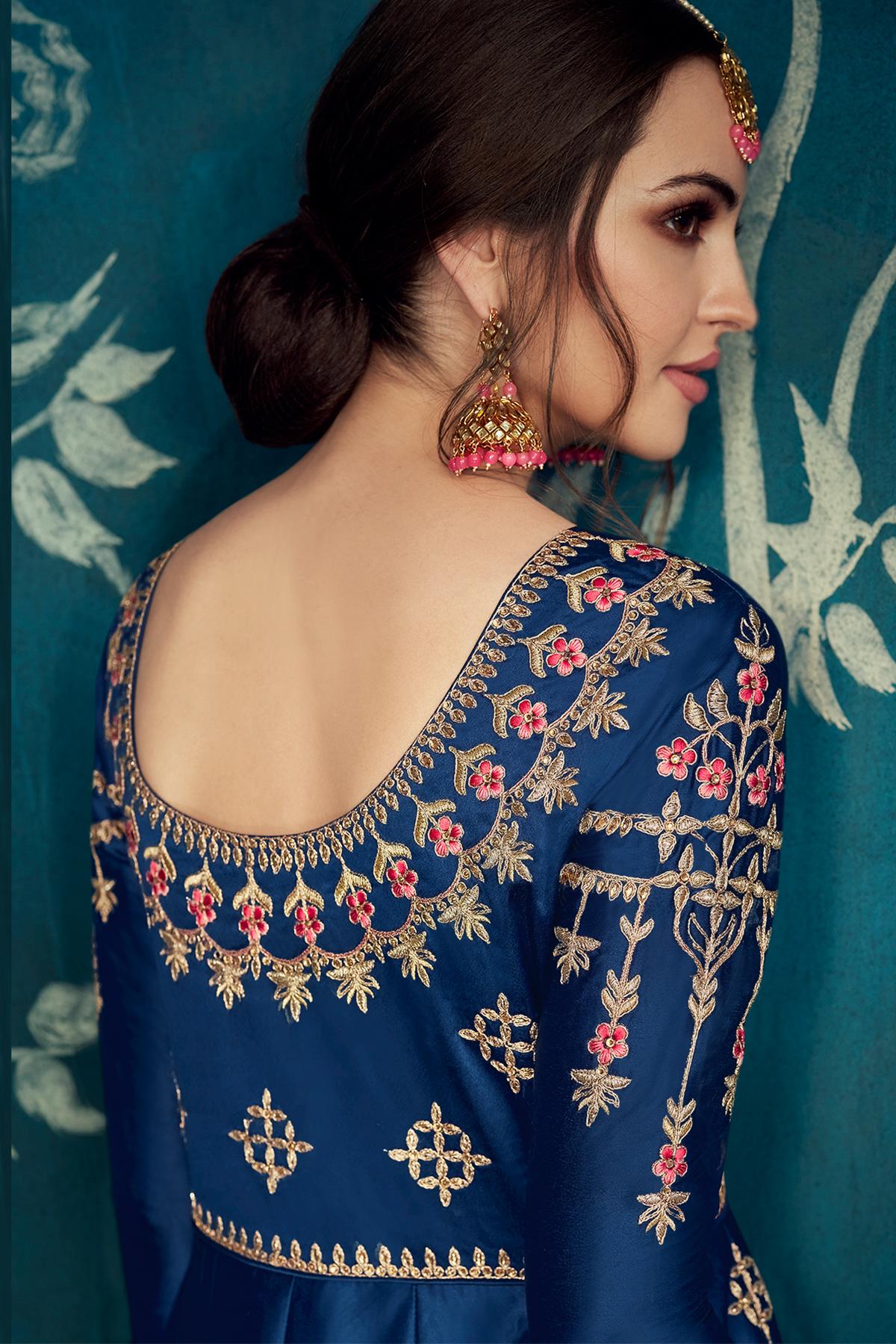 Blue Designer Satin Silk Anarkali Suit