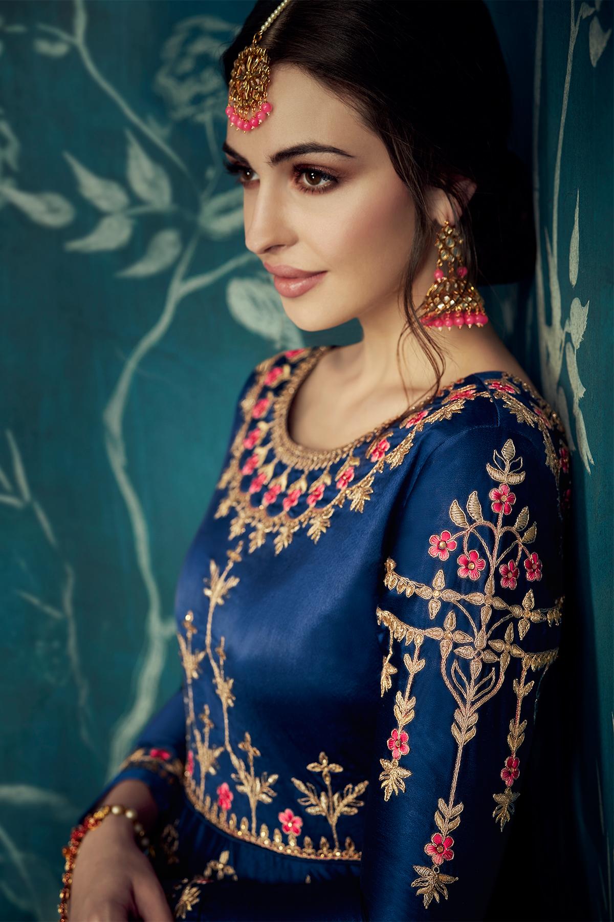 Blue Designer Satin Silk Anarkali Suit