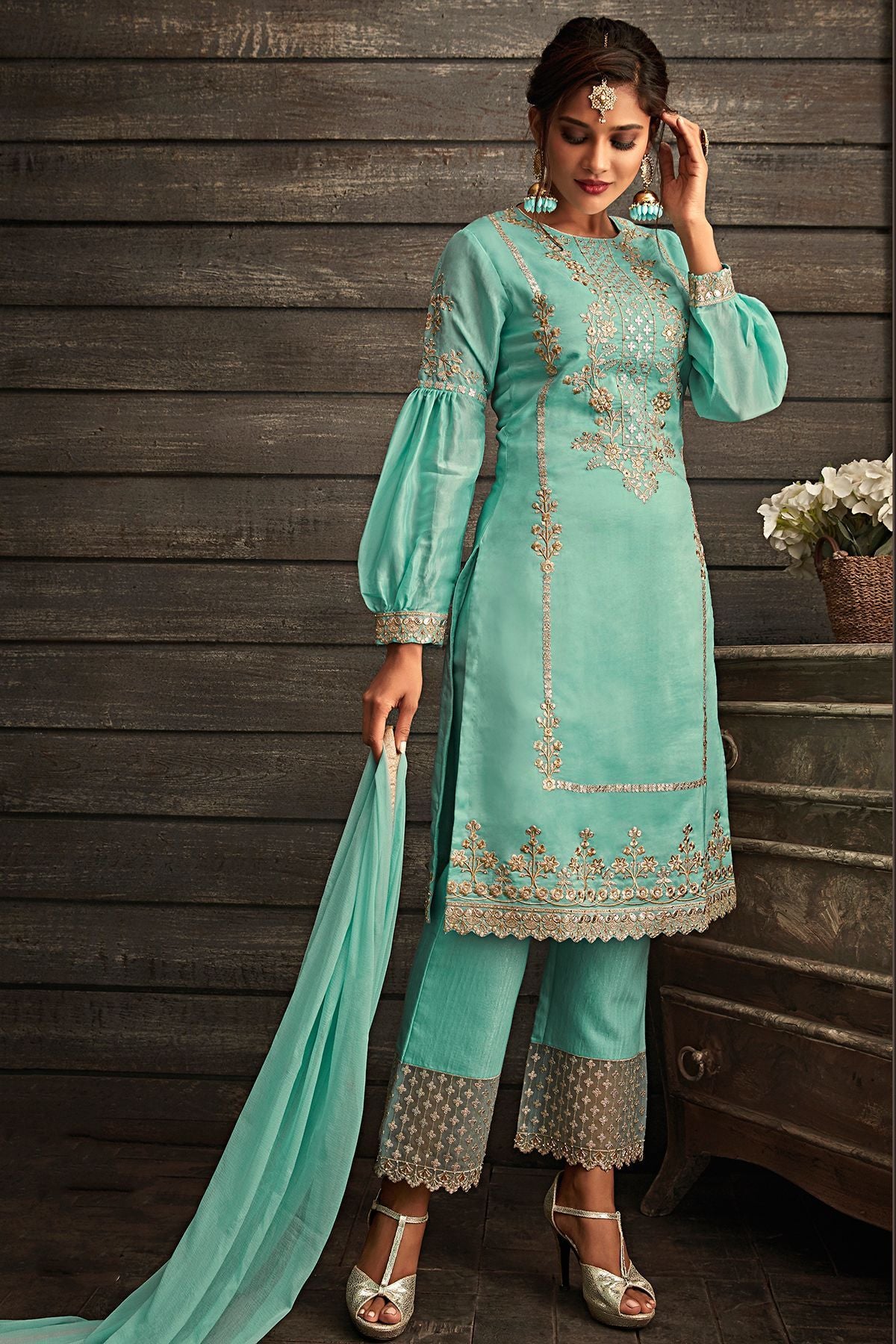 Blue Embroidered Party Wear straight Suit