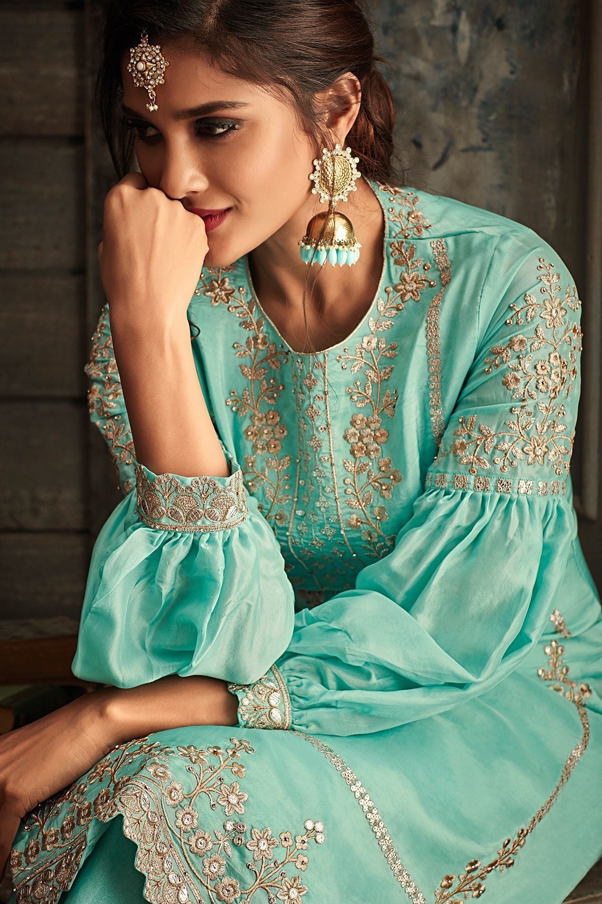 Blue Embroidered Party Wear straight Suit