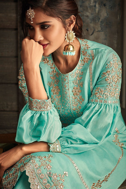 Blue Embroidered Party Wear straight Suit