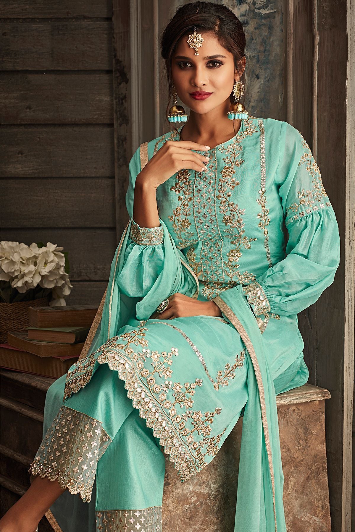 Blue Embroidered Party Wear straight Suit