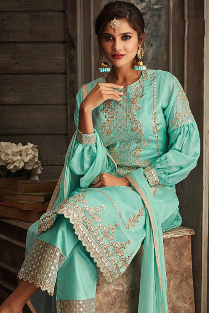 Blue Embroidered Party Wear straight Suit