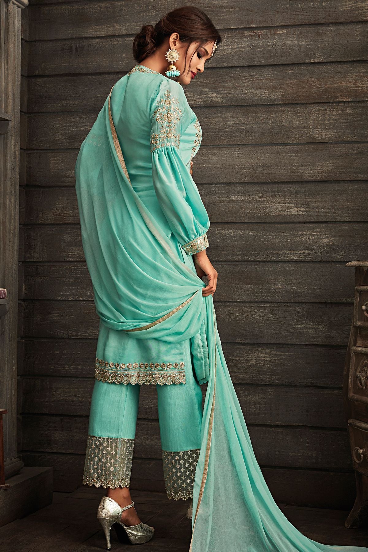 Blue Embroidered Party Wear straight Suit