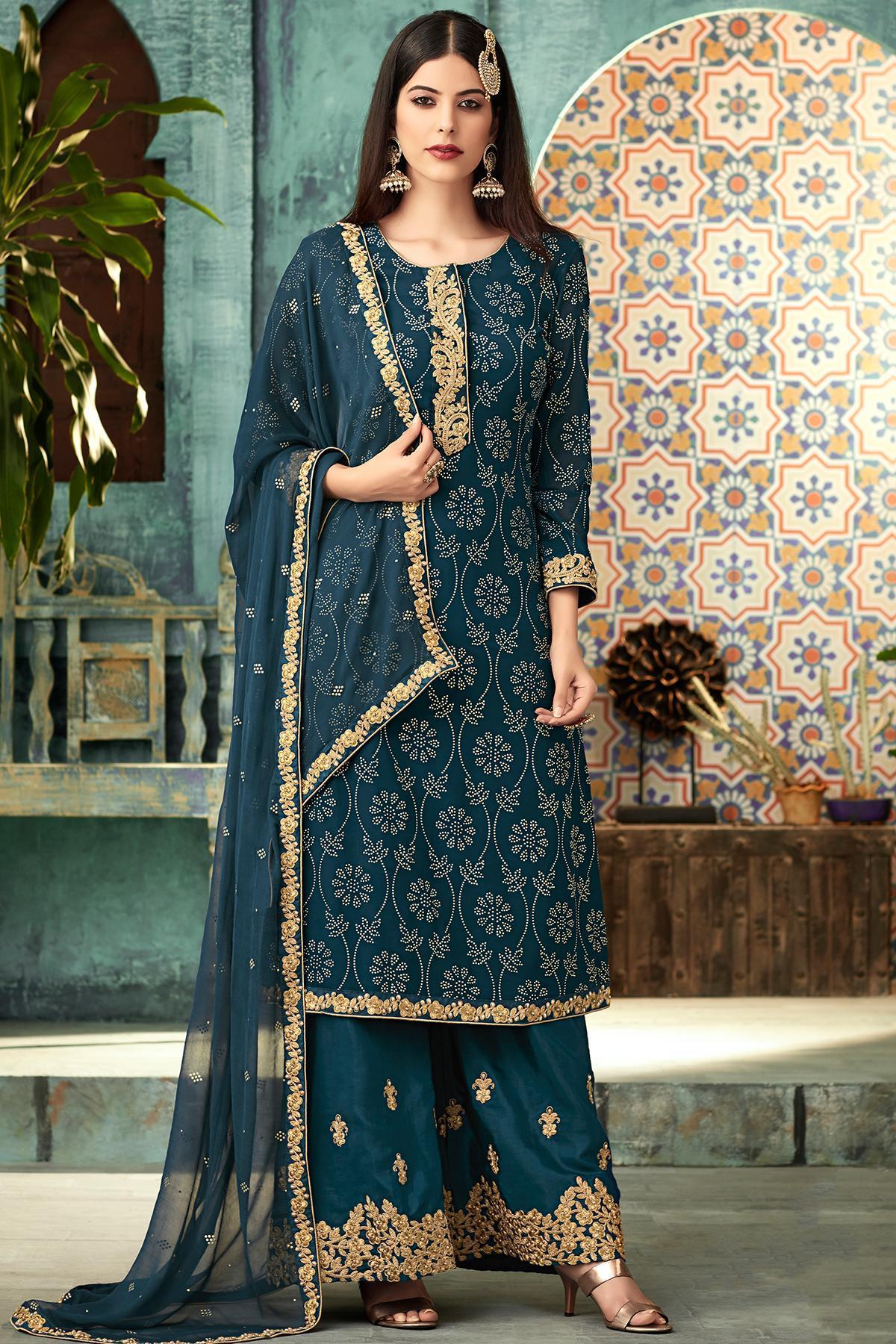Blue Georgette Party Wear Palazzo Suit