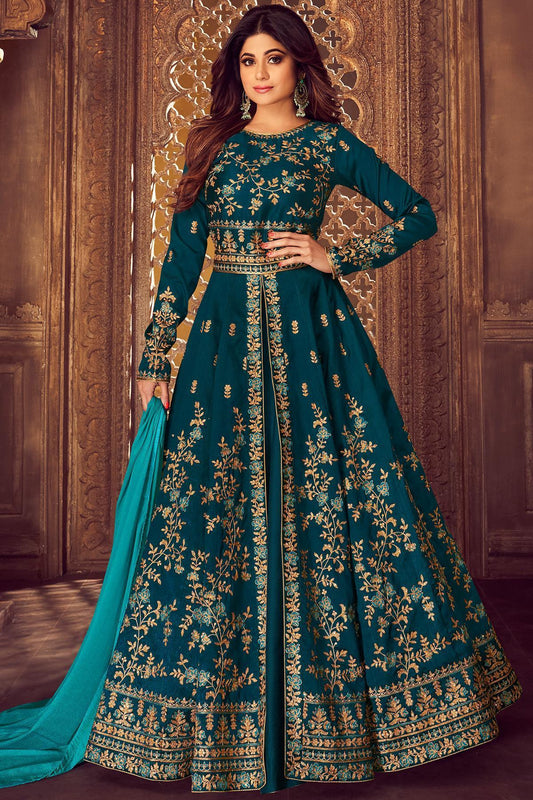 Blue Green Silk Party Wear Anarkali Suit